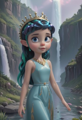 1girl,solo,long hair,looking at viewer,smile,bangs,blue eyes,black hair,hair ornament,dress,bare shoulders,jewelry,blue hair,standing,multicolored hair,cowboy shot,small breasts,outdoors,parted lips,green hair,horns,teeth,sleeveless,day,pointy ears,shiny,water,necklace,shiny hair,flat chest,lips,bare arms,sleeveless dress,blue dress,sunlight,grass,tiara,crown,gem,child,nature,wading,freckles,rock,arms at sides,female child,river,waterfall,lily pad,pond,breasts,blush,sky,artist name,eyelashes,leaf,aged down,aqua dress