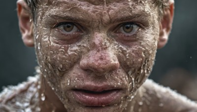 solo,looking at viewer,1boy,brown eyes,male focus,parted lips,water,blurry,lips,wet,depth of field,blurry background,portrait,close-up,realistic,nose,hat