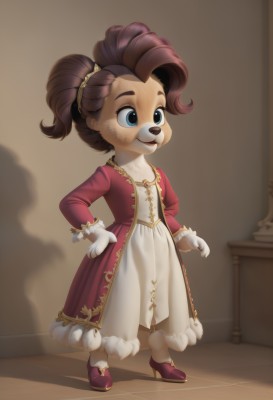 1girl,solo,smile,open mouth,blue eyes,brown hair,gloves,long sleeves,dress,animal ears,jewelry,standing,full body,ponytail,earrings,shoes,artist name,indoors,white gloves,white dress,high heels,flat chest,coat,shadow,red dress,red footwear,child,furry,furry female,female child,body fur,red coat,animal nose,snout,two-tone fur,short hair,hair ornament,closed mouth,blurry,hand on hip,fur trim,purple footwear