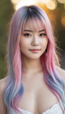 1girl,solo,long hair,breasts,looking at viewer,smile,bangs,cleavage,bare shoulders,brown eyes,jewelry,medium breasts,closed mouth,underwear,blue hair,upper body,pink hair,multicolored hair,earrings,bra,blurry,black eyes,two-tone hair,lips,gradient hair,makeup,depth of field,blurry background,white bra,realistic,nose,bokeh,large breasts,black hair,artist name