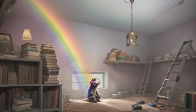 solo,sitting,indoors,book,no humans,window,bed,headphones,animal,chair,cat,box,scenery,desk,camera,bookshelf,lamp,controller,cable,computer,bedroom,television,monitor,rainbow,game controller,shelf,book stack,game console,speaker,ladder,desk lamp,rainbow hair,1girl,crown,photo (object),radio