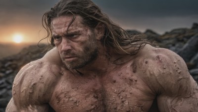 solo,long hair,brown hair,black hair,1boy,closed mouth,upper body,male focus,nude,outdoors,water,blurry,wet,looking to the side,muscular,blurry background,facial hair,scar,pectorals,muscular male,bara,beard,veins,topless male,sunset,mountain,mature male,realistic,mustache,stubble,sun,manly,dirty,chest hair,arm hair,veiny arms,sky,scar on face