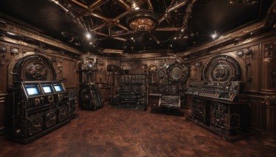 indoors,no humans,scenery,science fiction,door,clock,light,gears,speaker,wooden floor