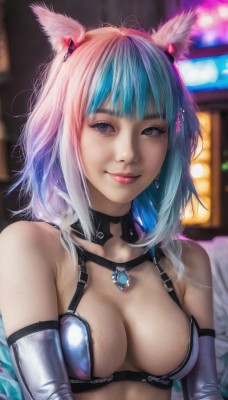 1girl,solo,long hair,breasts,looking at viewer,smile,bangs,blue eyes,hair ornament,gloves,animal ears,cleavage,bare shoulders,jewelry,medium breasts,closed mouth,blue hair,upper body,white hair,multicolored hair,earrings,choker,elbow gloves,blurry,black eyes,two-tone hair,lips,grey eyes,blurry background,gem,realistic,short hair,swimsuit,pink hair,bikini,cat ears,medium hair,necklace,rabbit ears,streaked hair,makeup,miqo'te,viera