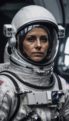 1girl,solo,looking at viewer,black hair,1boy,closed mouth,upper body,male focus,signature,dark skin,blurry,black eyes,lips,blurry background,helmet,science fiction,realistic,spacesuit,space helmet,astronaut,mole,expressionless,portrait,reflection,pilot suit,space,american flag,spacecraft