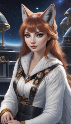 1girl,solo,long hair,breasts,looking at viewer,smile,bangs,brown hair,shirt,long sleeves,animal ears,jewelry,green eyes,white shirt,upper body,sky,artist name,lips,animal ear fluff,fur trim,fox ears,makeup,night,brooch,gem,star (sky),starry sky,red lips,dress,medium breasts,closed mouth,red hair,earrings,star (symbol),orange hair,bracelet,eyelashes,watermark,wolf ears,own hands together,freckles,fur collar,realistic,nose,space