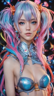 1girl,solo,long hair,breasts,looking at viewer,bangs,blue eyes,hair ornament,cleavage,bare shoulders,twintails,jewelry,medium breasts,underwear,blue hair,swimsuit,upper body,pink hair,bikini,multicolored hair,earrings,small breasts,parted lips,bra,mole,blurry,two-tone hair,lips,eyelashes,gradient hair,makeup,piercing,blue bikini,freckles,realistic,nose,blue bra,mascara,teeth,artist name,necklace,armor,detached collar,watermark,gem,bikini armor