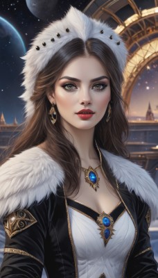 1girl,solo,long hair,breasts,looking at viewer,brown hair,shirt,cleavage,brown eyes,jewelry,medium breasts,collarbone,jacket,white shirt,upper body,earrings,outdoors,parted lips,open clothes,sky,hood,necklace,open jacket,lips,coat,black jacket,grey eyes,fur trim,eyelashes,makeup,night,moon,lipstick,gem,star (sky),night sky,pendant,starry sky,red lips,planet,black hair,dress,eyeshadow,realistic