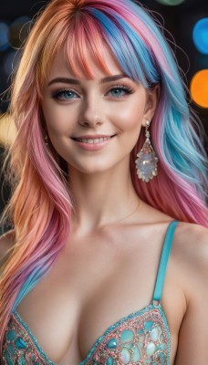 1girl,solo,long hair,breasts,looking at viewer,smile,bangs,blue eyes,large breasts,cleavage,jewelry,medium breasts,underwear,blue hair,collarbone,swimsuit,upper body,pink hair,bikini,multicolored hair,earrings,teeth,bra,grin,blurry,two-tone hair,lips,eyelashes,makeup,eyeshadow,realistic,nose,blue bra,bokeh,mascara,blonde hair,bare shoulders,parted lips,orange hair,streaked hair,gradient hair,lingerie,gem,breasts apart,rainbow hair,aqua bra