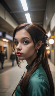 1girl,long hair,breasts,looking at viewer,brown hair,shirt,black hair,brown eyes,jewelry,upper body,earrings,parted lips,solo focus,indoors,bag,blurry,black eyes,from side,lips,makeup,depth of field,blurry background,blue shirt,lipstick,freckles,realistic,nose,green shirt,red lips,people,solo,artist name,signature,necklace,eyelashes,piercing,forehead