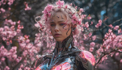 1girl, solo, short hair, blue eyes, hair ornament, upper body, flower, white hair, hair flower, dark skin, blurry, dark-skinned female, lips, makeup, blurry background, cherry blossoms, pink flower, science fiction, realistic, nose, branch, cyborg