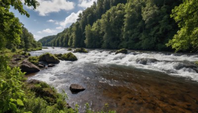 outdoors,sky,day,cloud,water,tree,blue sky,no humans,cloudy sky,grass,plant,nature,scenery,forest,rock,mountain,river,waterfall,landscape,stream