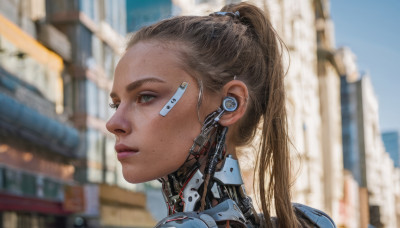 1girl, solo, long hair, brown hair, green eyes, ponytail, outdoors, day, blurry, from side, lips, profile, blurry background, building, portrait, freckles, science fiction, realistic, nose, android, cable, cyberpunk, mechanical parts