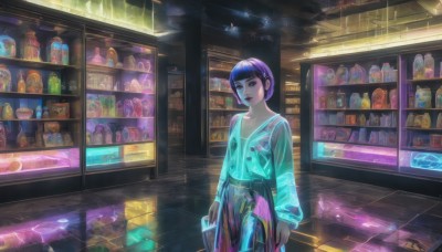 1girl,solo,looking at viewer,short hair,bangs,skirt,hair ornament,long sleeves,holding,standing,collarbone,jacket,purple hair,cowboy shot,hairclip,belt,indoors,blunt bangs,black eyes,lips,see-through,makeup,bottle,lipstick,reflection,science fiction,arms at sides,tiles,tile floor,shelf,jar,shop,ceiling,neon lights,breasts,shirt,black hair,jewelry,closed mouth,parted lips,bag,buttons,bob cut,blue shirt,scenery,rain,red lips,transparent,raincoat