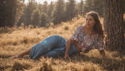 1girl,solo,long hair,skirt,brown hair,shirt,brown eyes,jewelry,collarbone,full body,closed eyes,flower,short sleeves,outdoors,lying,parted lips,barefoot,day,midriff,dark skin,blurry,dark-skinned female,tree,lips,blue skirt,arm support,wavy hair,on side,floral print,sunlight,grass,bug,butterfly,nature,forest,curly hair,long skirt,realistic,on ground,dappled sunlight,dress