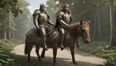 brown hair,male focus,boots,outdoors,multiple boys,day,2boys,cape,armor,tree,facial hair,animal,helmet,grass,crown,shoulder armor,gauntlets,nature,beard,forest,pauldrons,breastplate,realistic,red cape,armored boots,riding,greaves,horse,knight,full armor,horseback riding,plate armor,reins,saddle,holding,flower,rose,bug,plant,red flower,butterfly,scenery,red rose,fantasy,mustache,bush,helm