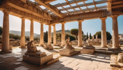 sitting,outdoors,sky,day,water,tree,blue sky,no humans,shadow,building,scenery,architecture,ruins,pillar,statue,arch,column,cloud,sunlight,bush,shade,pavement