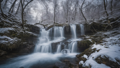 outdoors, water, tree, no humans, nature, scenery, snow, forest, rock, winter, bare tree, river, waterfall, landscape, stream