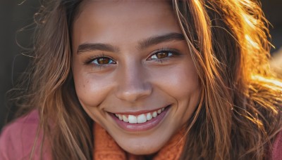 1girl,solo,long hair,looking at viewer,smile,brown hair,brown eyes,teeth,grin,lips,black background,portrait,close-up,forehead,freckles,realistic,nose,open mouth,blurry,eyelashes,messy hair