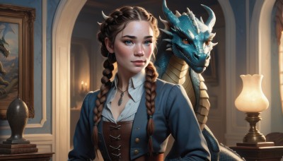 1girl,solo,long hair,breasts,blue eyes,brown hair,shirt,long sleeves,cleavage,jewelry,closed mouth,upper body,braid,small breasts,horns,artist name,indoors,necklace,twin braids,lips,window,watermark,looking away,hair over shoulder,corset,pendant,freckles,nose,dragon,lamp,candle,picture frame,statue,painting (object),medium breasts,jacket,open clothes,mole,vest,looking to the side,book,makeup,brooch,realistic,book stack,sidelighting