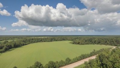 outdoors,sky,day,cloud,tree,blue sky,no humans,cloudy sky,grass,nature,scenery,forest,mountain,horizon,road,field,landscape,path,hill,ocean,bush,green theme