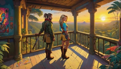 link,1girl,long hair,blonde hair,brown hair,black hair,gloves,long sleeves,1boy,holding,standing,ponytail,weapon,flower,boots,outdoors,sky,pointy ears,belt,pants,sword,cloud,fingerless gloves,holding weapon,tree,shadow,facial hair,brown footwear,holding sword,sunlight,knee boots,plant,sheath,scenery,beard,short ponytail,sunset,pouch,sheathed,mountain,railing,sun,scabbard,tunic,master sword,smile,short hair,skirt,shirt,looking at another,coat,gun,profile,bird,ocean,staff,palm tree,evening,painting (object)