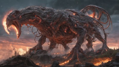 open mouth,tail,outdoors,sky,teeth,cloud,tree,no humans,glowing,bird,animal,cloudy sky,fire,sharp teeth,scenery,glowing eyes,claws,smoke,science fiction,monster,mountain,fantasy,dragon,giant,standing,rock