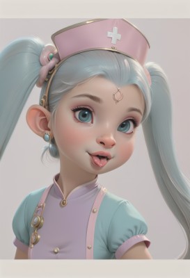 1girl,solo,long hair,looking at viewer,open mouth,blue eyes,simple background,hair ornament,hat,twintails,jewelry,blue hair,upper body,short sleeves,earrings,tongue,puffy sleeves,tongue out,grey background,puffy short sleeves,lips,eyelashes,aqua hair,:p,freckles,realistic,nurse cap,nurse,white background,makeup,cross,nose