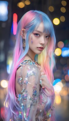 1girl,solo,long hair,looking at viewer,bangs,blue eyes,jewelry,blue hair,upper body,pink hair,multicolored hair,earrings,parted lips,necklace,blurry,from side,two-tone hair,lips,see-through,grey eyes,gradient hair,makeup,depth of field,blurry background,piercing,ring,gem,ear piercing,eyeshadow,realistic,nose,bokeh,mascara,breasts,eyelashes,watermark