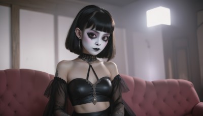 1girl,solo,breasts,looking at viewer,short hair,bangs,black hair,bare shoulders,brown eyes,jewelry,sitting,closed mouth,collarbone,upper body,earrings,small breasts,detached sleeves,choker,midriff,indoors,blunt bangs,medium hair,blurry,crop top,see-through,makeup,blurry background,colored skin,halterneck,black choker,piercing,bob cut,lipstick,ear piercing,pale skin,couch,eyeshadow,stud earrings,eyeliner,on couch,grey skin,mascara,gothic,black lips,skirt,underwear,black skirt,bra,lips,eyelashes,tattoo,black bra,nose