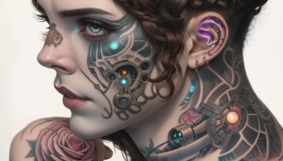 1girl,solo,looking at viewer,short hair,blue eyes,simple background,brown hair,white background,jewelry,closed mouth,green eyes,flower,earrings,lips,eyelashes,tattoo,profile,makeup,rose,piercing,ear piercing,portrait,close-up,pink flower,science fiction,realistic,nose,pink rose,cyborg,cyberpunk,neck tattoo,black hair,braid,parted lips,from side,glowing,android,nose piercing