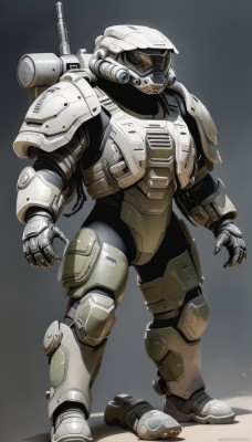 solo,1boy,standing,full body,weapon,male focus,artist name,grey background,armor,gun,no humans,helmet,robot,mecha,1other,science fiction,looking ahead,open hands,power armor,shoulder cannon,bag,looking down,backpack,shoulder armor,pauldrons,weapon on back,full armor,tube