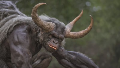 solo,looking at viewer,smile,1boy,yellow eyes,male focus,outdoors,wings,horns,pointy ears,blurry,orange eyes,muscular,blurry background,colored skin,facial hair,scar,beard,closed mouth,upper body,no humans,realistic,grey skin,tusks