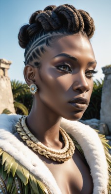 1girl,solo,breasts,looking at viewer,short hair,brown hair,black hair,cleavage,brown eyes,jewelry,medium breasts,upper body,braid,multicolored hair,earrings,outdoors,sky,day,dark skin,necklace,hair bun,blurry,two-tone hair,dark-skinned female,lips,fur trim,eyelashes,double bun,makeup,lipstick,portrait,realistic,nose,facepaint,animification,very dark skin,dreadlocks,parted lips,facial mark,single hair bun,eyeshadow