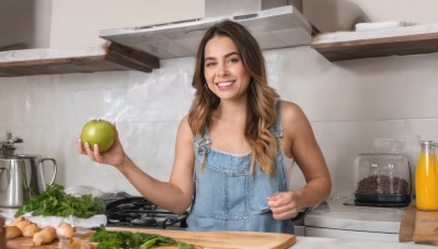 1girl,solo,long hair,looking at viewer,smile,brown hair,holding,brown eyes,upper body,multicolored hair,food,teeth,indoors,grin,apron,flat chest,lips,fruit,holding food,knife,realistic,holding knife,overalls,holding fruit,kitchen,tomato,vegetable,sink,lettuce,potato,cutting board,holding vegetable,onion,bare shoulders,sleeveless,table,bottle,denim,plate,bowl,carrot,egg,cooking,kitchen knife,blue overalls,radish