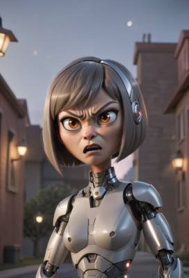 1girl,solo,breasts,short hair,open mouth,bangs,brown hair,brown eyes,upper body,small breasts,outdoors,teeth,signature,blurry,lips,orange eyes,night,blurry background,bob cut,robot,building,angry,science fiction,android,road,joints,mechanical arms,cyborg,lamppost,street,robot joints,cyberpunk,looking at viewer,black hair,freckles,robot ears