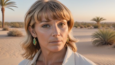 1girl,solo,looking at viewer,short hair,bangs,brown hair,shirt,brown eyes,jewelry,closed mouth,white shirt,earrings,outdoors,day,collared shirt,medium hair,blurry,tree,lips,blurry background,beach,portrait,realistic,sand,palm tree,old,wrinkled skin,blonde hair,parted lips,sky,nose,desert