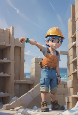 solo,looking at viewer,smile,short hair,shirt,1boy,hat,brown eyes,jewelry,closed mouth,blue hair,standing,full body,short sleeves,male focus,boots,outdoors,sky,shoes,shorts,day,belt,water,black eyes,bracelet,blue sky,ocean,brown footwear,helmet,denim,t-shirt,child,overalls,male child,blue eyes,snow,rock,hardhat