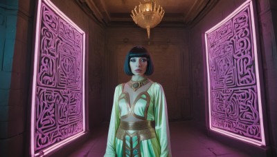 1girl,solo,breasts,looking at viewer,short hair,bangs,blue eyes,black hair,long sleeves,dress,jewelry,closed mouth,standing,belt,indoors,blunt bangs,black eyes,lips,makeup,bob cut,lipstick,door,arms at sides,hallway,cowboy shot,necklace,green dress,tiles,wall,tile floor,pillar,carpet