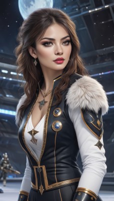 1girl,solo,long hair,breasts,looking at viewer,brown hair,shirt,long sleeves,cleavage,brown eyes,jewelry,medium breasts,jacket,white shirt,upper body,weapon,earrings,sky,solo focus,necklace,blurry,vest,lips,gun,fur trim,makeup,night,blurry background,wavy hair,moon,lipstick,star (sky),night sky,full moon,pendant,zipper,science fiction,realistic,nose,red lips,space,planet,earth (planet),spacecraft,star (symbol),parted bangs,eyelashes,eyeshadow,starry sky,badge