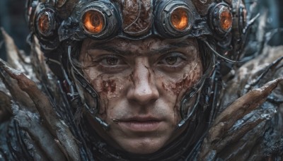 solo,looking at viewer,smile,brown hair,1boy,brown eyes,closed mouth,male focus,armor,blurry,lips,blurry background,scar,helmet,goggles,portrait,scar on face,close-up,science fiction,goggles on head,realistic,straight-on,dirty,dirty face,1girl,black hair,serious,scratches