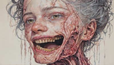 1girl,solo,looking at viewer,short hair,open mouth,simple background,1boy,white background,brown eyes,yellow eyes,grey hair,male focus,teeth,tongue,blood,portrait,freckles,veins,realistic,horror (theme),smile,black hair,eyelashes,heterochromia,traditional media