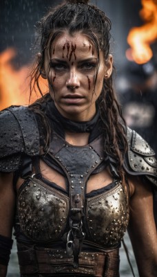 1girl,solo,long hair,breasts,looking at viewer,brown hair,black hair,brown eyes,jewelry,upper body,ponytail,earrings,parted lips,armor,blurry,black eyes,lips,wet,blood,blurry background,scar,fire,shoulder armor,rain,pauldrons,breastplate,blood on face,realistic,stud earrings,dirty,boobplate,hair bun