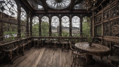 day,indoors,tree,cup,book,dutch angle,no humans,window,chair,table,plant,scenery,plate,teacup,wooden floor,stairs,fantasy,clock,bookshelf,candle,architecture,ruins,bridge,gears,arch,candlestand,chandelier,sky,wooden table