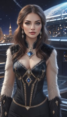 1girl,solo,long hair,breasts,looking at viewer,brown hair,dress,cleavage,brown eyes,jewelry,medium breasts,cowboy shot,earrings,parted lips,sky,necklace,blurry,black dress,lips,fur trim,makeup,night,wavy hair,gem,star (sky),fur collar,realistic,nose,red lips,space,planet,earth (planet),feather boa,large breasts,artist name,eyeshadow,fur