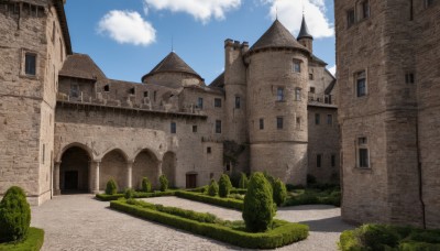 outdoors,sky,day,cloud,tree,blue sky,no humans,window,cloudy sky,grass,building,scenery,road,bush,wall,house,path,plant,architecture,castle,arch