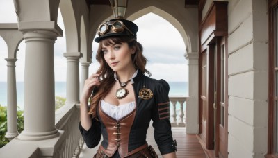 1girl,solo,long hair,breasts,looking at viewer,smile,blue eyes,brown hair,shirt,hat,cleavage,jewelry,medium breasts,jacket,upper body,outdoors,open clothes,sky,day,belt,cloud,necklace,open jacket,lips,black jacket,goggles,building,scenery,corset,pendant,sleeves rolled up,goggles on head,watch,stairs,railing,pillar,pocket watch,goggles on headwear,arch,column,steampunk,bangs,ocean,realistic,nose