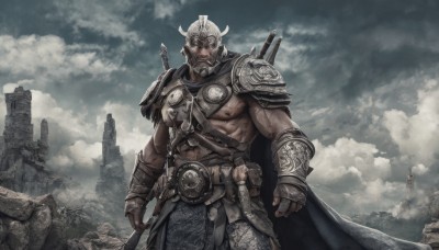 solo,looking at viewer,gloves,1boy,closed mouth,standing,weapon,male focus,cowboy shot,outdoors,horns,sky,belt,sword,cloud,cape,armor,muscular,facial hair,scar,abs,helmet,cloudy sky,pectorals,muscular male,shoulder armor,gauntlets,sheath,beard,pauldrons,sheathed,vambraces,fake horns,ruins,weapon on back,horned helmet,nipples,fingerless gloves,manly