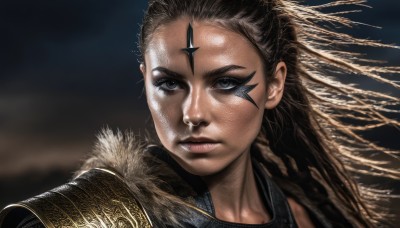 1girl,solo,long hair,looking at viewer,brown hair,black hair,brown eyes,closed mouth,braid,signature,armor,blurry,black eyes,lips,grey eyes,makeup,blurry background,facial mark,shoulder armor,portrait,forehead mark,realistic,nose,facepaint,fur trim,eyelashes,freckles