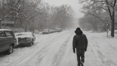 solo,gloves,long sleeves,1boy,jacket,monochrome,weapon,greyscale,male focus,outdoors,pants,hood,from behind,tree,gun,ground vehicle,nature,scenery,motor vehicle,snow,forest,walking,car,road,winter,vehicle focus,bare tree,ambiguous gender,footprints,boots,bag,backpack,1other,hood up,sign,truck,grey theme